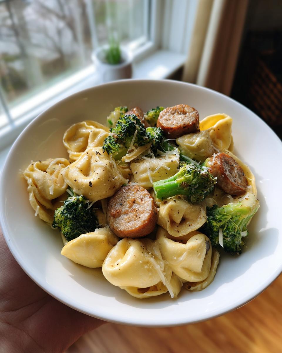 A bowl of Garlic Parmesan Tortellini with Sausage and Broccoli, topped with grated Parmesan cheese.