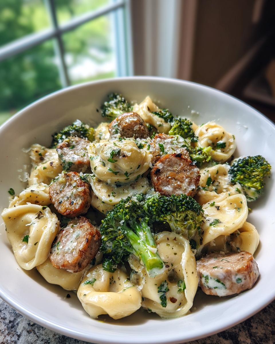 A bowl of Garlic Parmesan Tortellini with Sausage and Broccoli, topped with cheese and parsley.