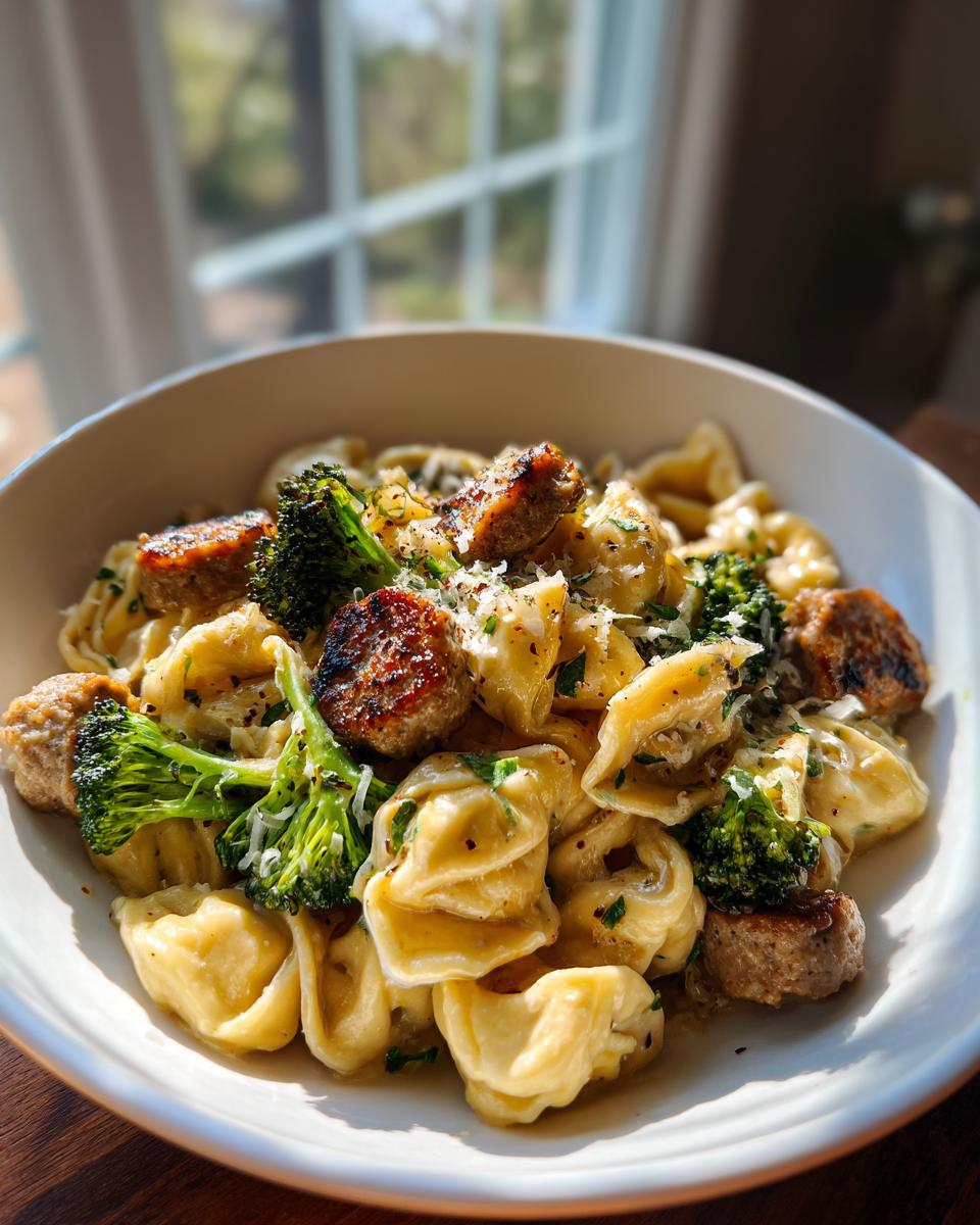 A bowl of Garlic Parmesan Tortellini with Sausage and tender broccoli florets, topped with grated Parmesan cheese and herbs.