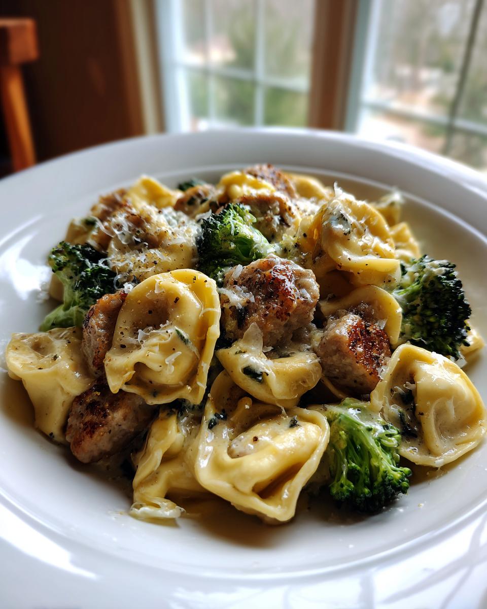 A close-up of Garlic Parmesan Tortellini with Sausage and Broccoli, topped with grated Parmesan cheese.