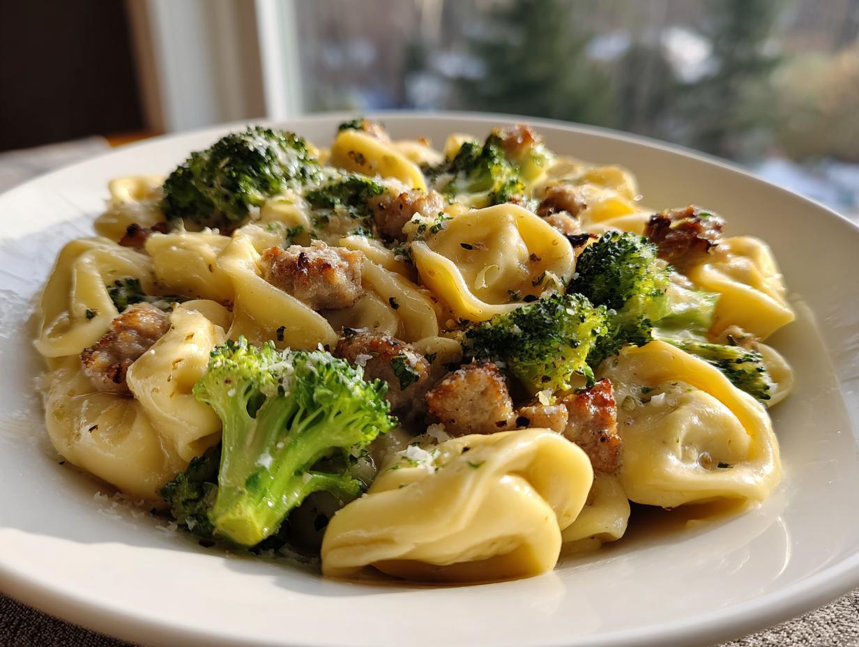 A close-up of Garlic Parmesan Tortellini with Sausage and Broccoli in a creamy sauce, topped with grated cheese and parsley.