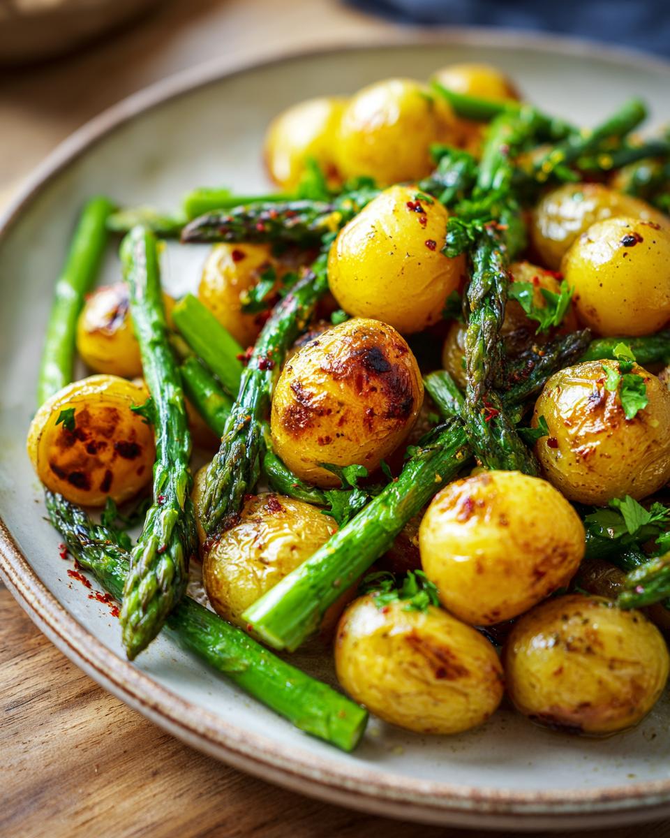 A close-up of roasted Garlic Potatoes and Asparagus, seasoned with herbs and spices, served on a plate.