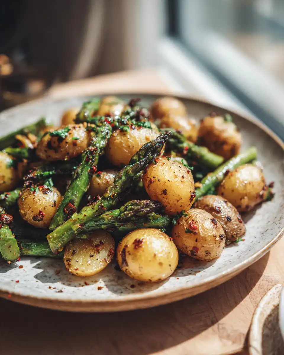Close-up of a plate filled with roasted Garlic Potatoes and Asparagus, seasoned with herbs and spices.