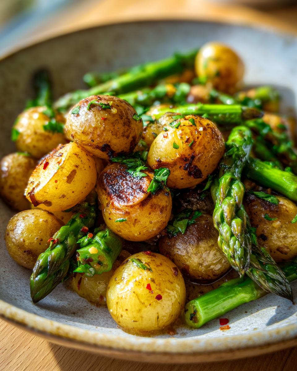 Close-up of roasted Garlic Potatoes and Asparagus, seasoned with herbs and chili flakes.