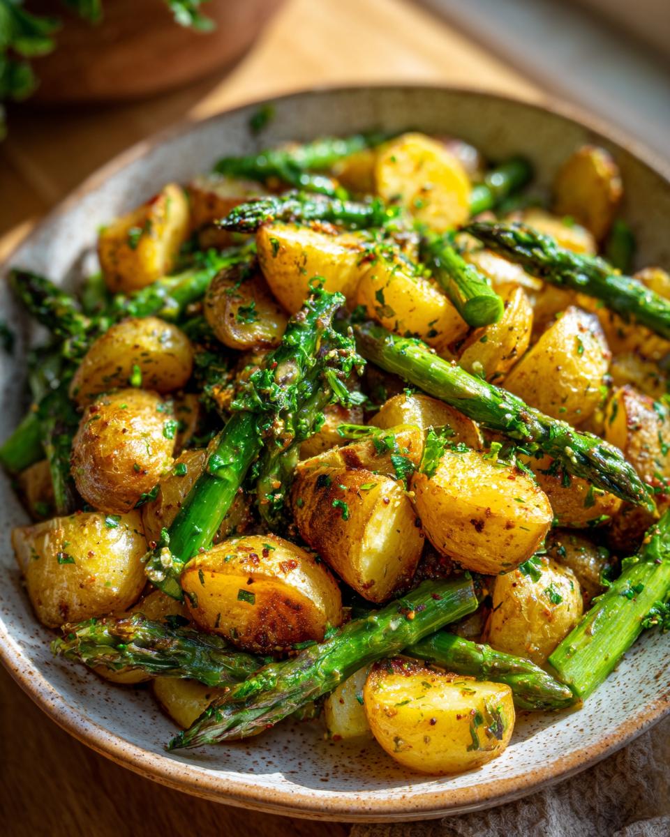 Close-up of roasted Garlic Potatoes and Asparagus in a bowl, seasoned with herbs.