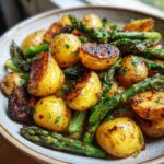 A close-up of roasted Garlic Potatoes and Asparagus, seasoned with chili flakes and parsley.