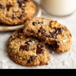 Close-up of delicious Gluten Free Banana Bread Cookies loaded with chocolate chips and sprinkled with sea salt.