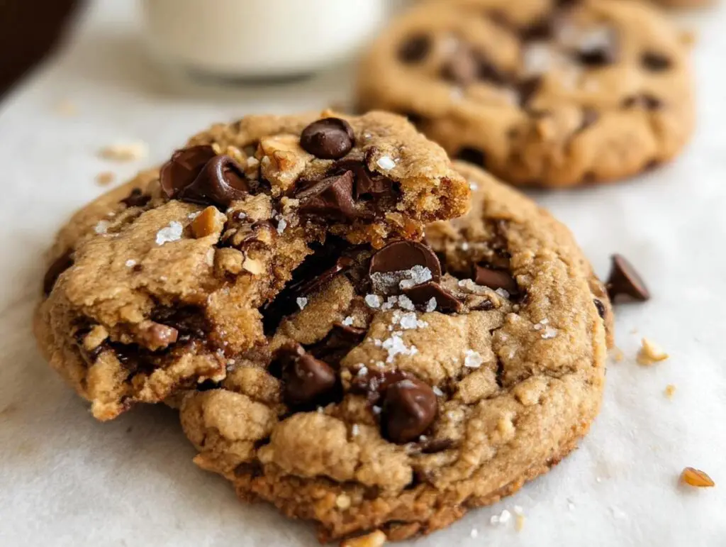 Close-up of a broken Gluten Free Banana Bread Cookie, revealing gooey chocolate chips and nuts inside.