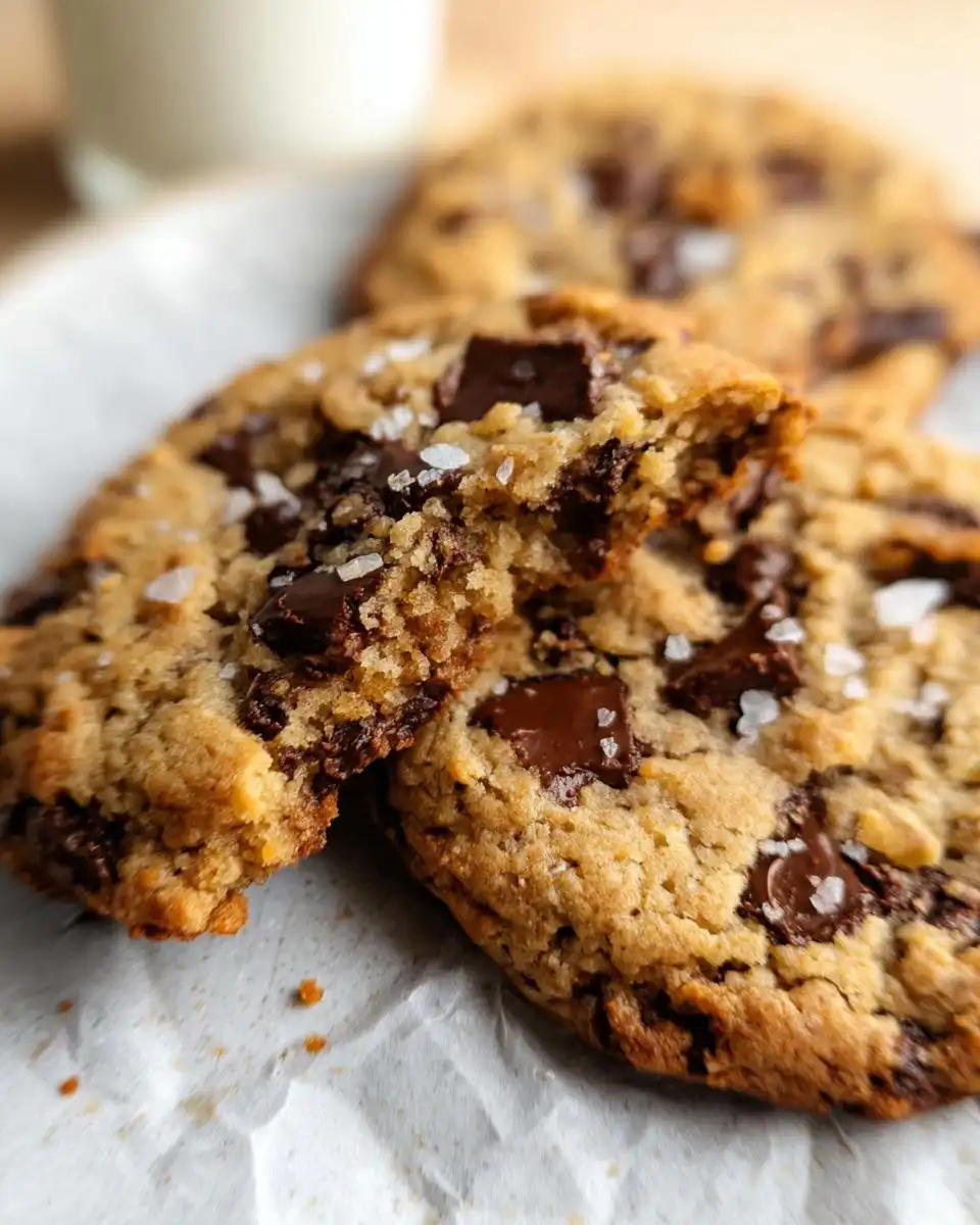 Close-up of a broken Gluten Free Banana Bread Cookie showing gooey chocolate chips and flaky sea salt.