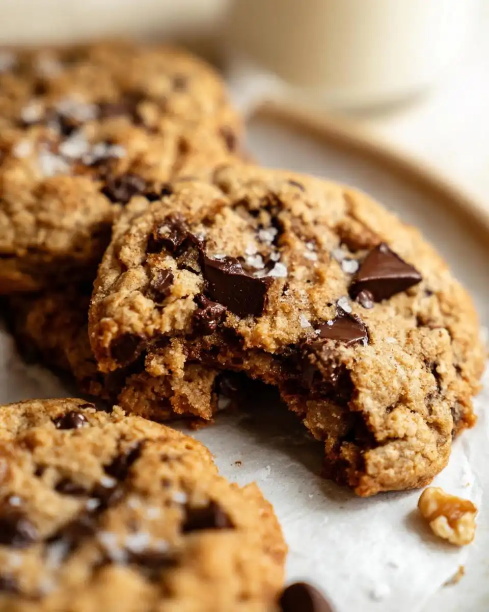 Close-up of delicious Gluten Free Banana Bread Cookies, featuring melted chocolate chips and flaky sea salt.