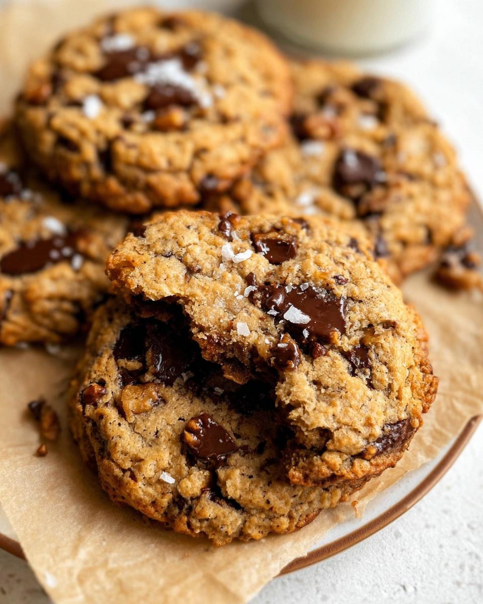 Close-up of a broken Gluten Free Banana Bread Cookie showing melty chocolate chips and a soft, chewy interior.