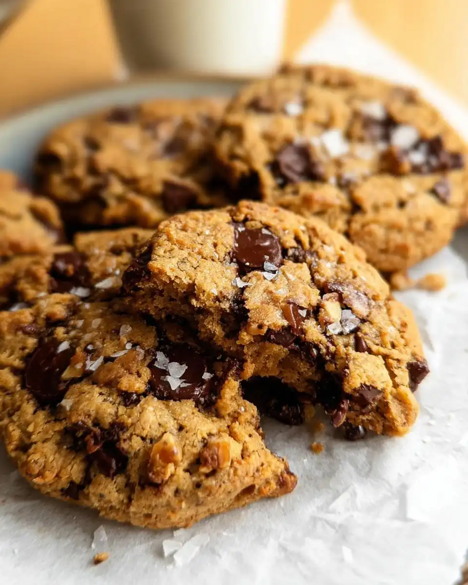 Close-up of delicious Gluten Free Banana Bread Cookies, studded with chocolate chips and sprinkled with sea salt.