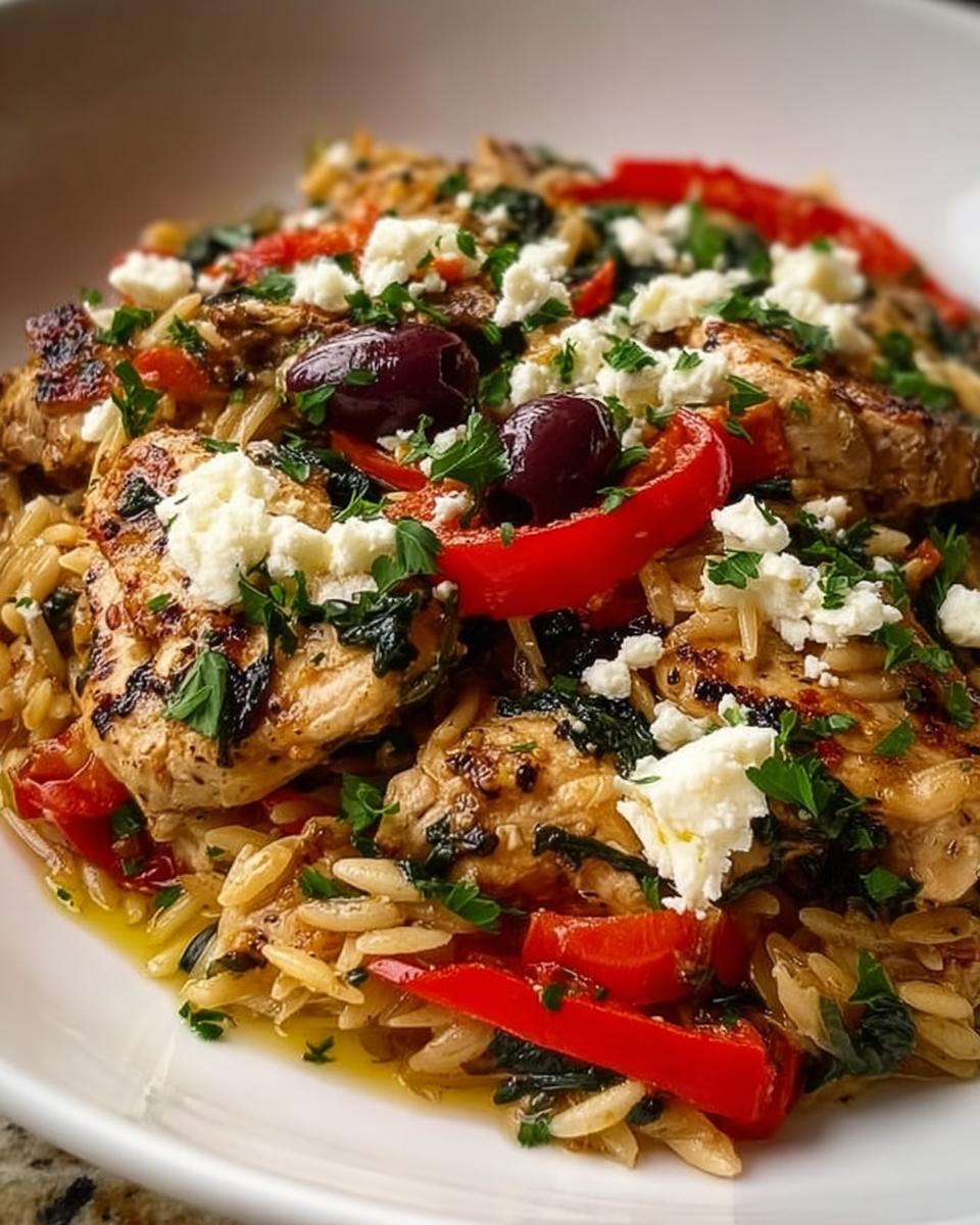 A close-up of a serving of Greek Chicken Casserole, featuring grilled chicken, orzo pasta, red bell peppers, olives, and crumbled feta cheese.