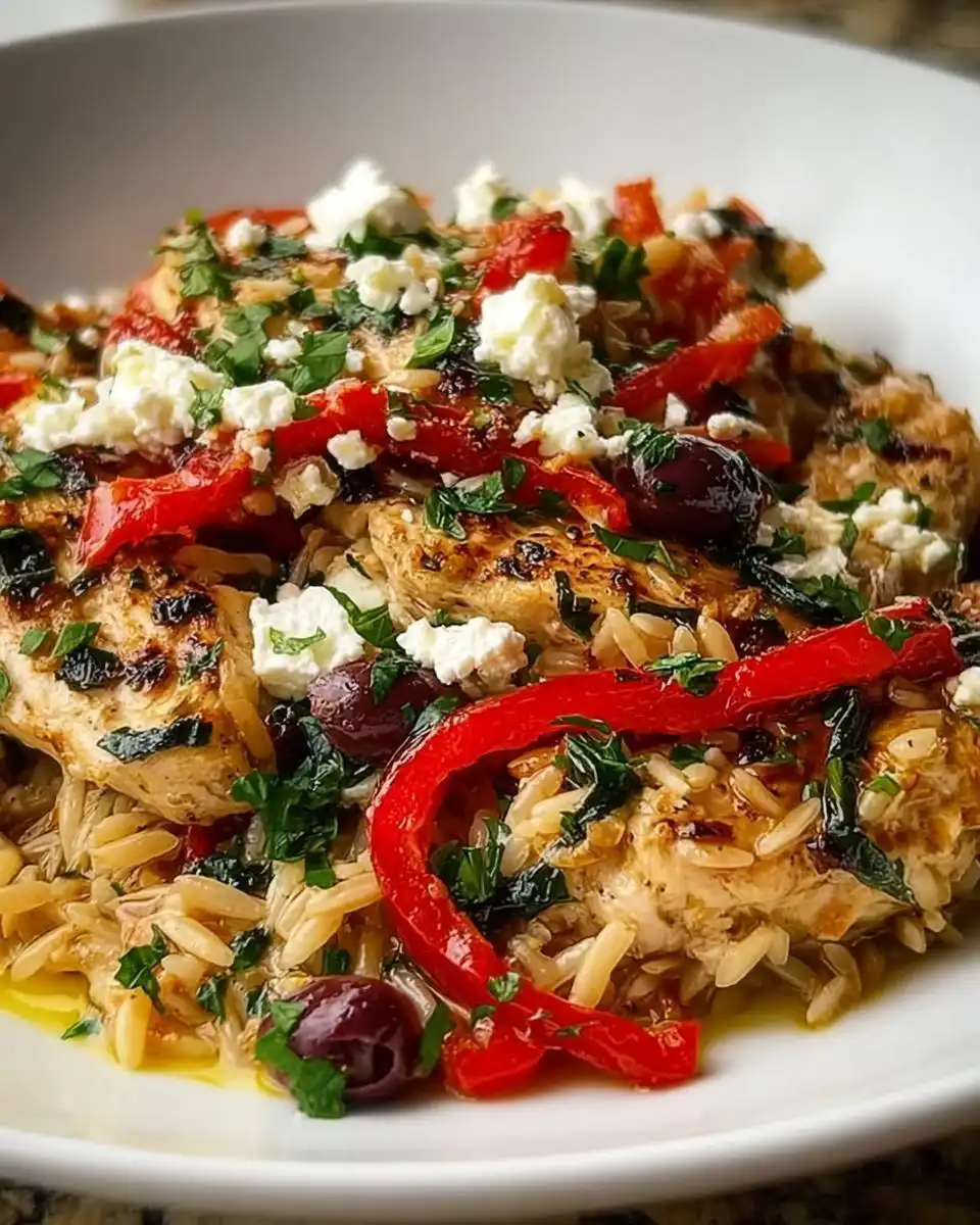 A close-up of a serving of Greek Chicken Casserole with orzo pasta, grilled chicken, red peppers, Kalamata olives, and crumbled feta cheese.