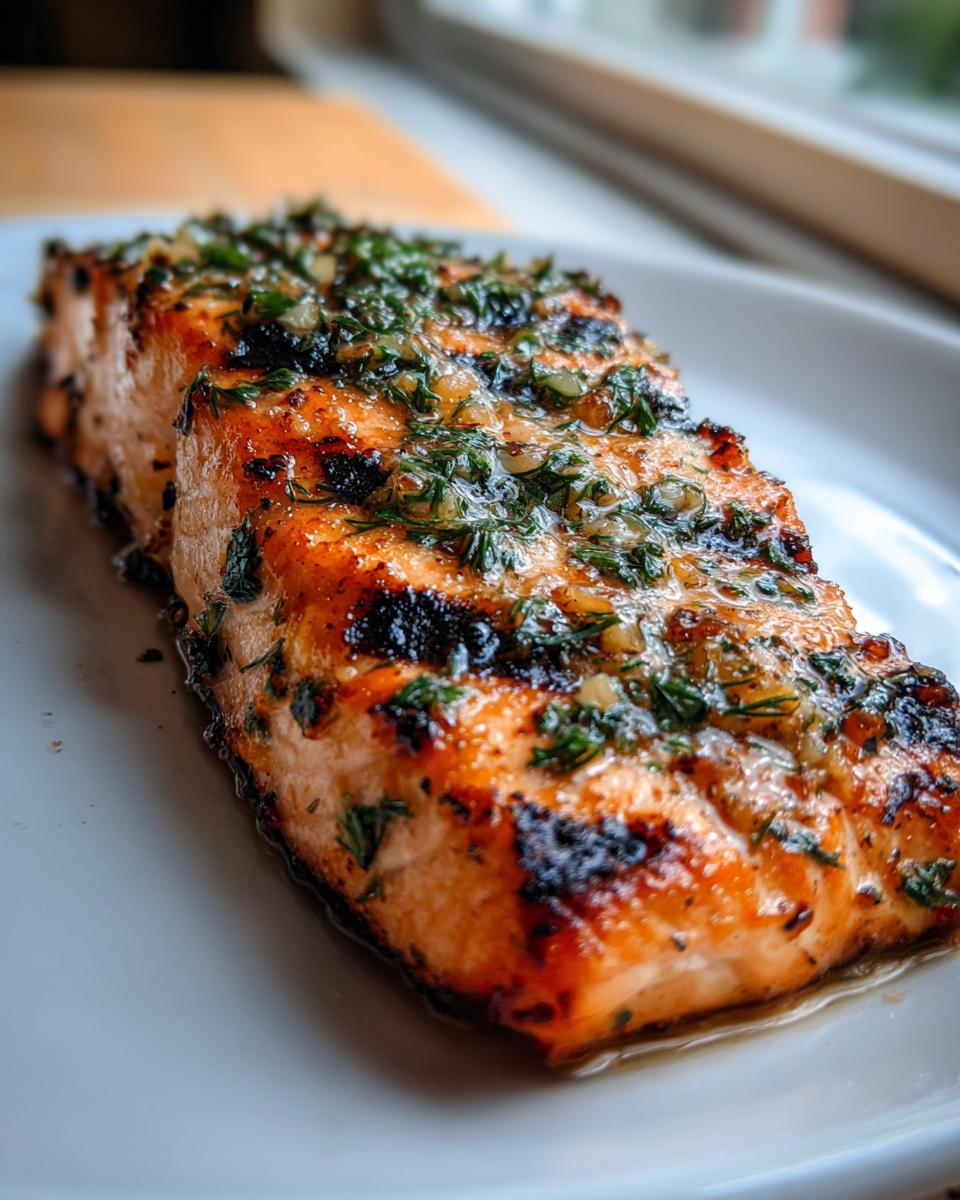 A perfectly grilled fillet of salmon topped with lemon, garlic, and fresh herbs.