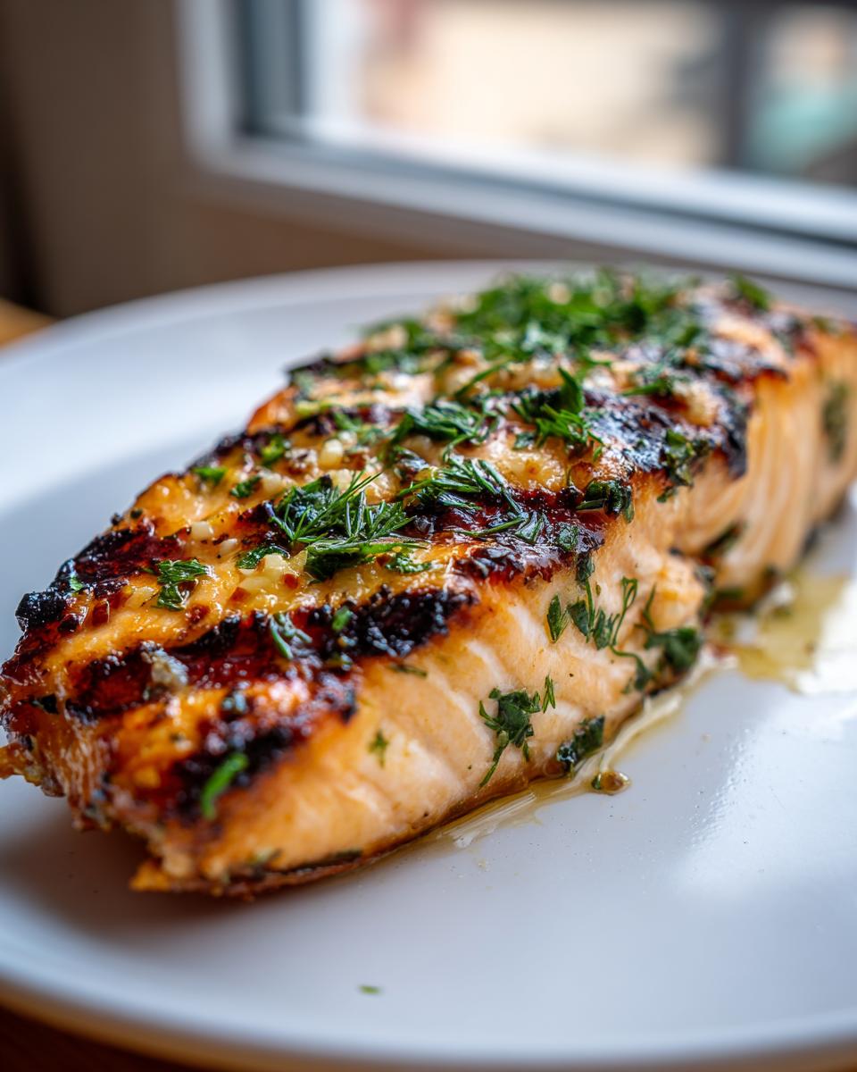 A perfectly grilled fillet of lemon garlic salmon, topped with fresh herbs and glistening with juices.