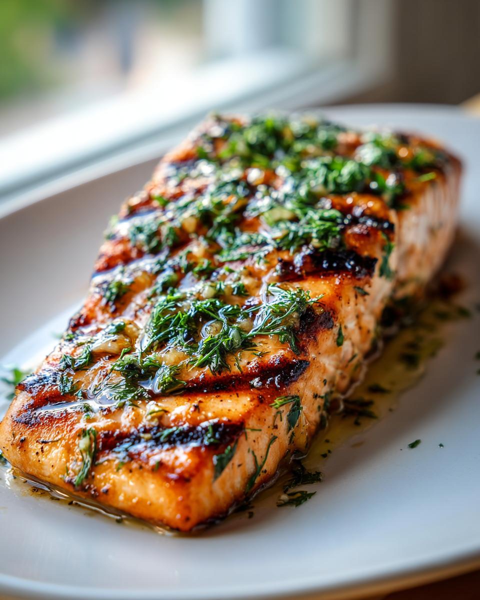 A perfectly grilled fillet of salmon topped with fresh herbs and a lemon garlic glaze.