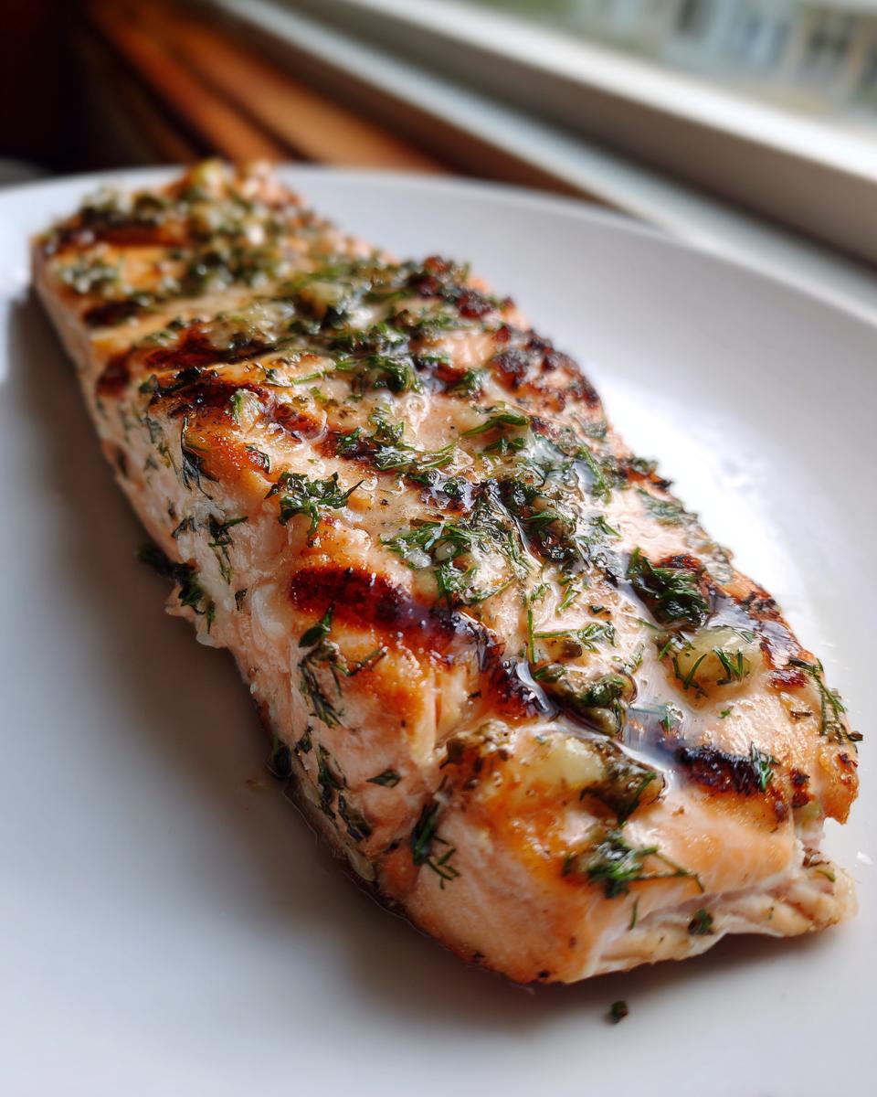 A perfectly cooked fillet of Grilled Lemon Garlic Salmon with Fresh Herbs, glistening and topped with chopped herbs.