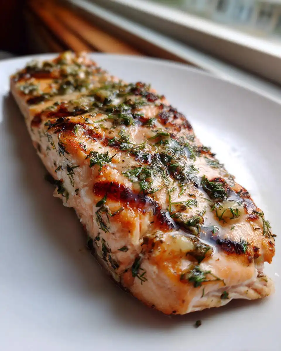 A perfectly cooked fillet of Grilled Lemon Garlic Salmon with Fresh Herbs, glistening and topped with chopped herbs.