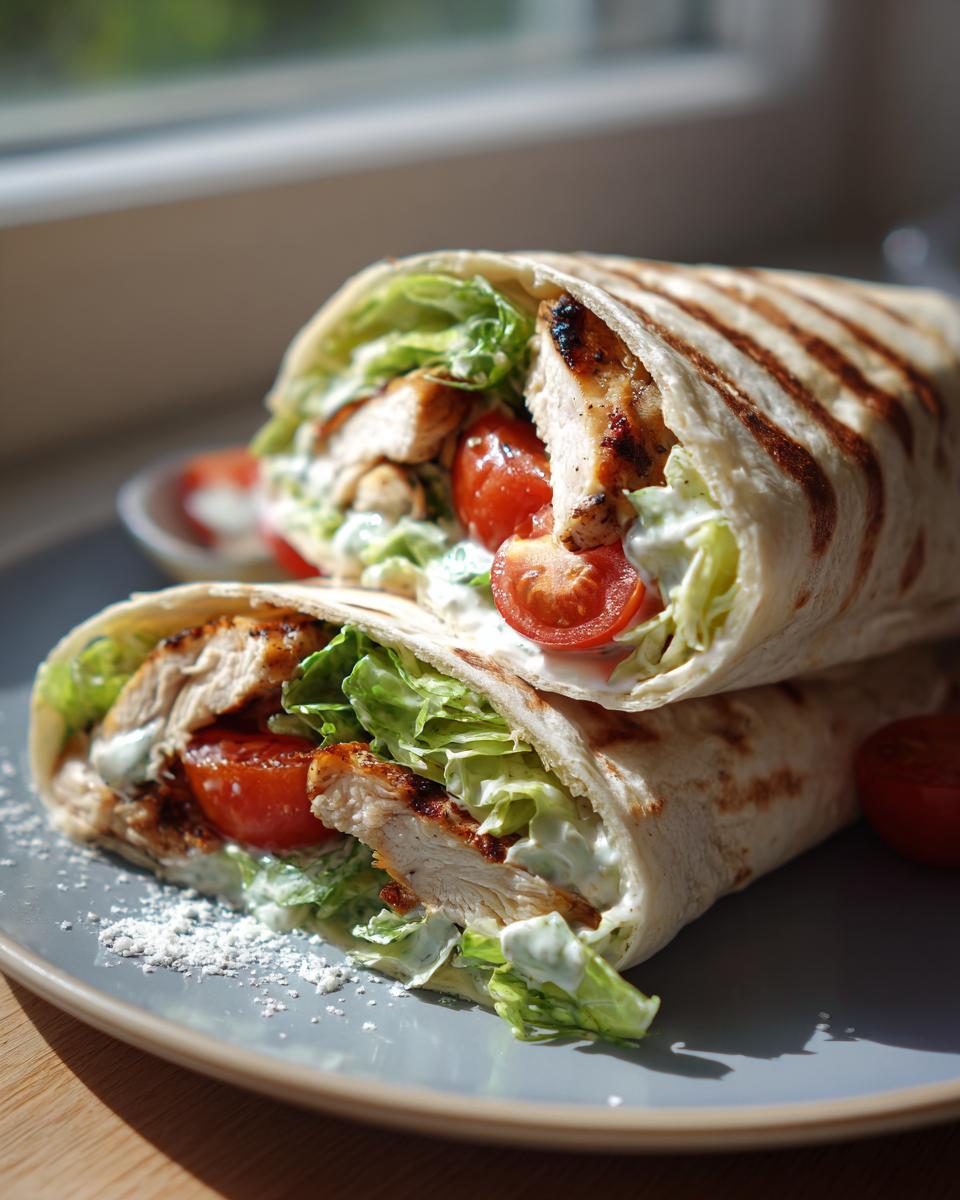Two Grilled Lemon Herb Chicken Caesar Wraps filled with grilled chicken, lettuce, tomatoes, and creamy Caesar dressing.