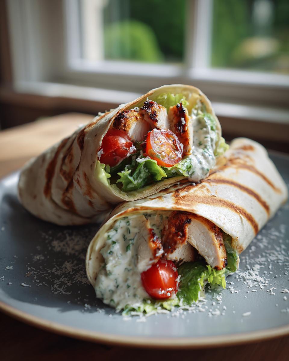 Two Grilled Lemon Herb Chicken Caesar Wraps filled with chicken, lettuce, tomatoes, and Caesar dressing, sprinkled with Parmesan.