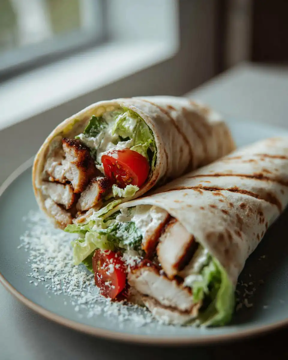 Two Grilled Lemon Herb Chicken Caesar Wraps filled with grilled chicken, lettuce, tomato, and Caesar dressing, sprinkled with Parmesan cheese.