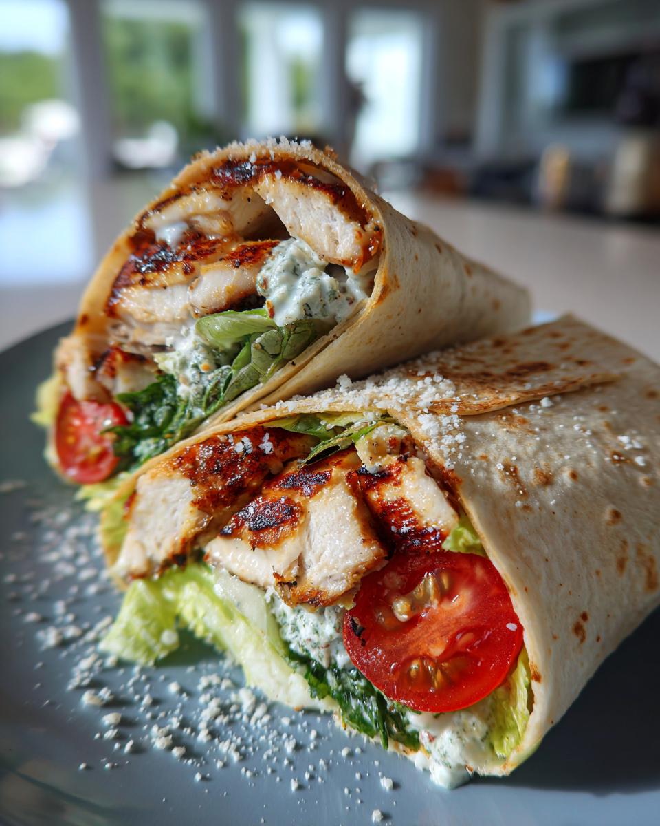 Close-up of two Grilled Lemon Herb Chicken Caesar Wraps filled with grilled chicken, lettuce, tomatoes, and creamy dressing.