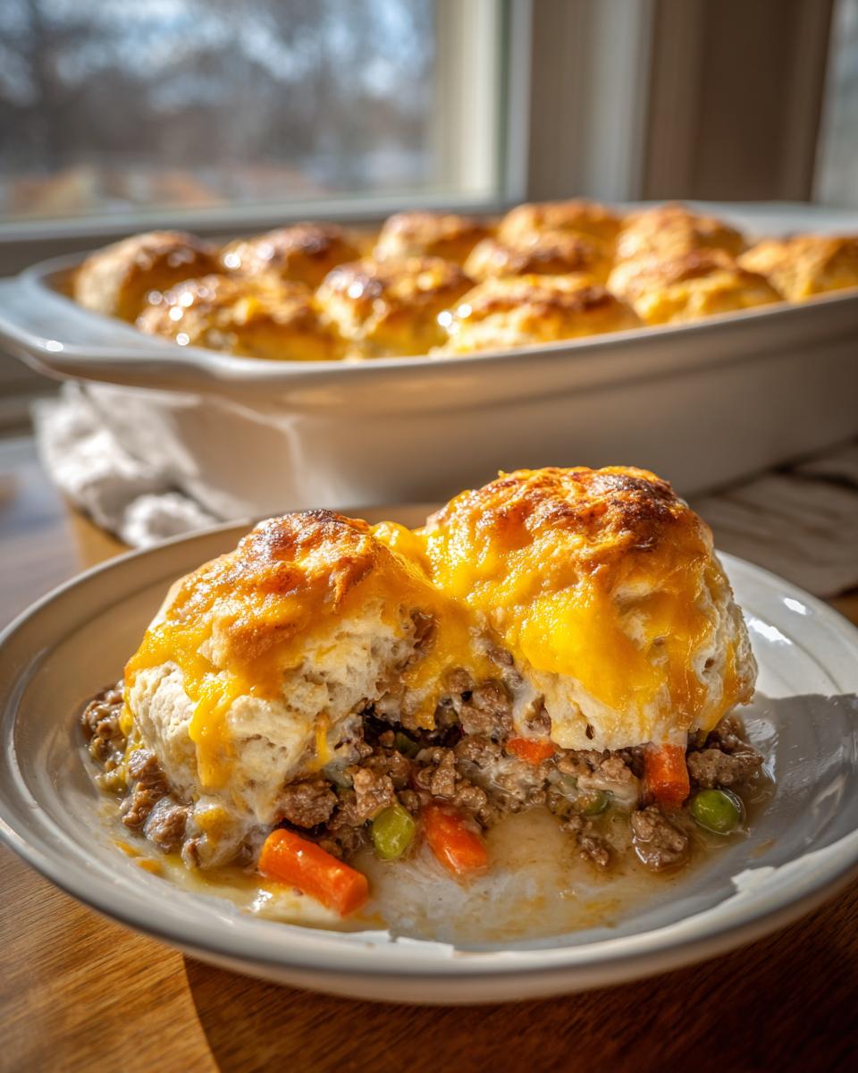 A serving of Ground Beef Biscuit Bake on a plate, showing fluffy biscuits topped with melted cheese over a savory ground beef and vegetable filling.