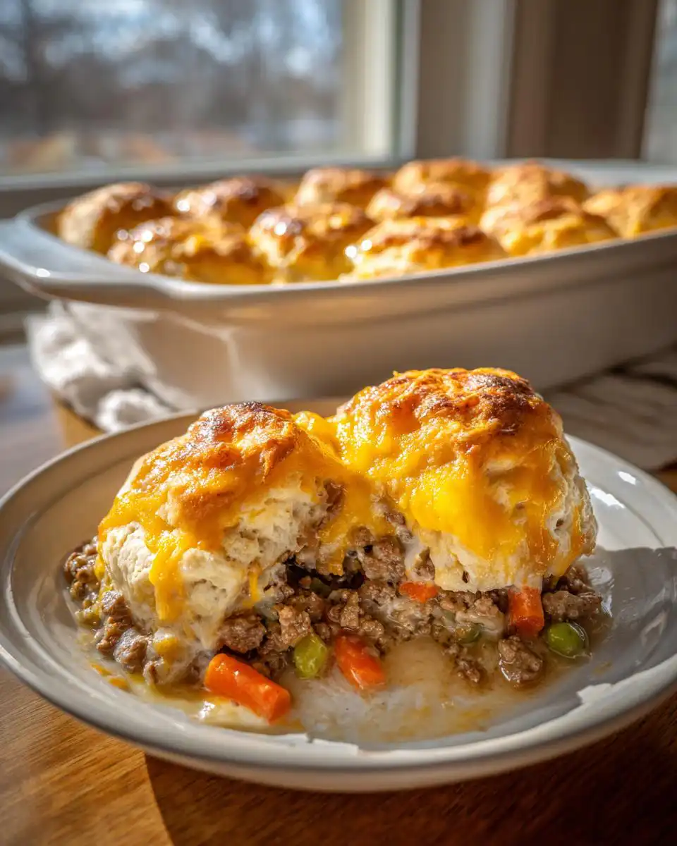 A serving of Ground Beef Biscuit Bake on a plate, showing fluffy biscuits topped with melted cheese over a savory ground beef and vegetable filling.