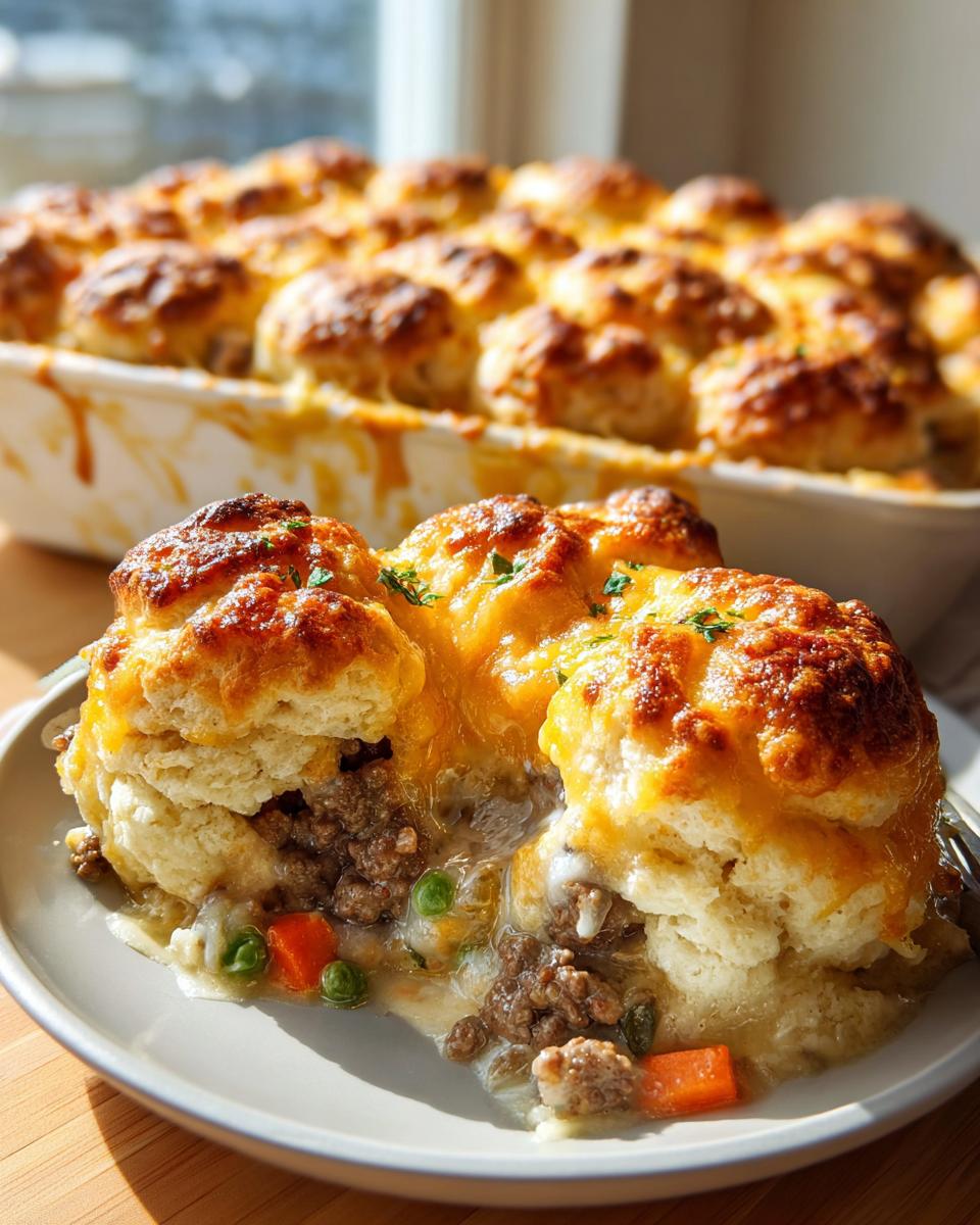 A serving of Ground Beef Biscuit Bake on a plate, showing fluffy biscuits, seasoned ground beef, peas, and carrots.