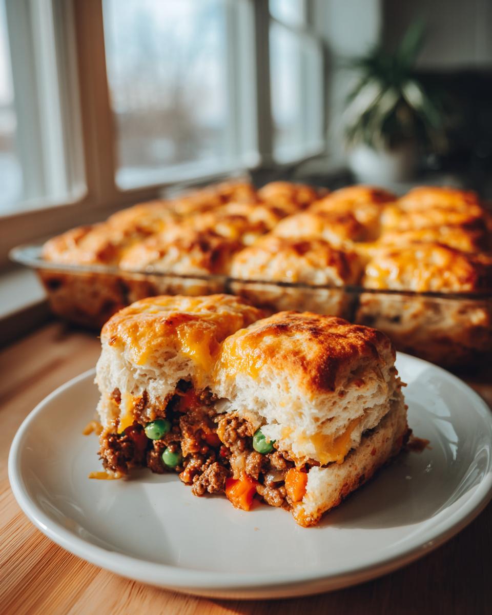 A close-up of a hearty slice of Ground Beef Biscuit Bake, showing the savory filling and golden biscuit topping.