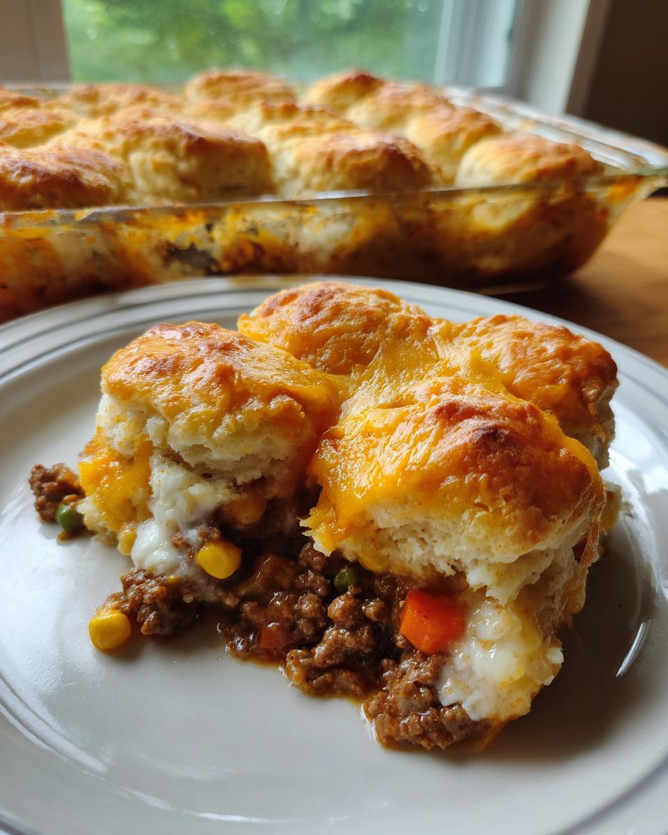 A hearty slice of Ground Beef Biscuit Bake on a plate, showing layers of ground beef, vegetables, and cheesy biscuits.