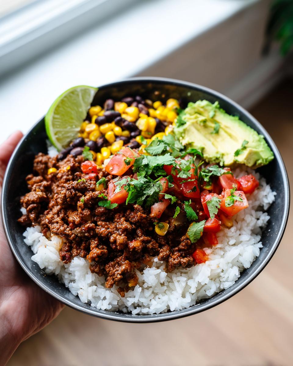 A delicious Ground Beef Taco Bowl filled with rice, seasoned ground beef, black beans, corn, avocado, tomatoes, cilantro, and a lime wedge.