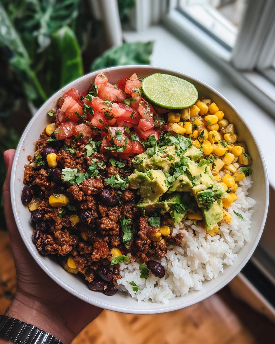 A delicious Ground Beef Taco Bowl filled with rice, seasoned ground beef, black beans, corn, avocado, tomatoes, and a lime wedge.