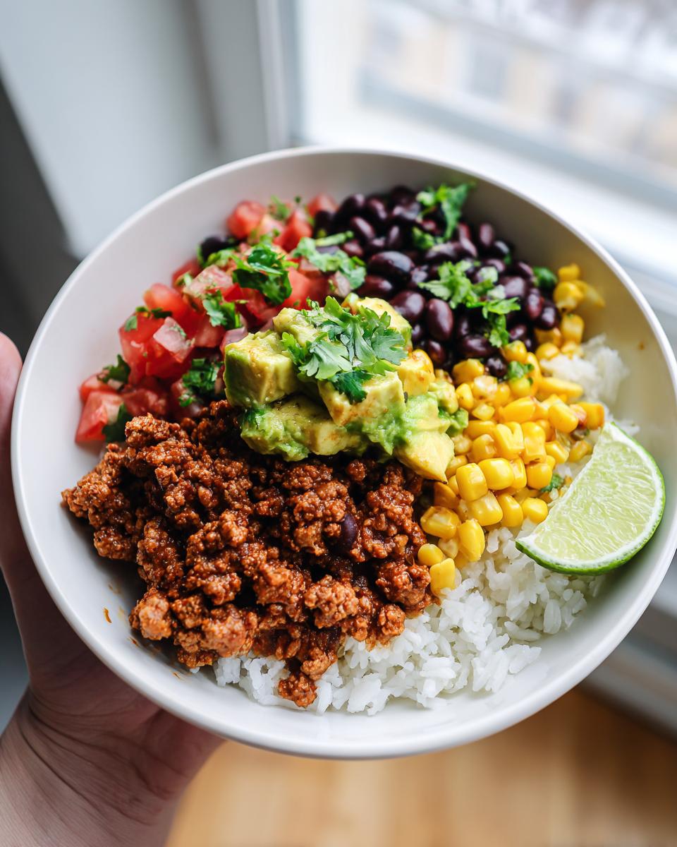 A delicious Ground Beef Taco Bowl filled with rice, seasoned ground beef, black beans, corn, avocado, and pico de gallo.