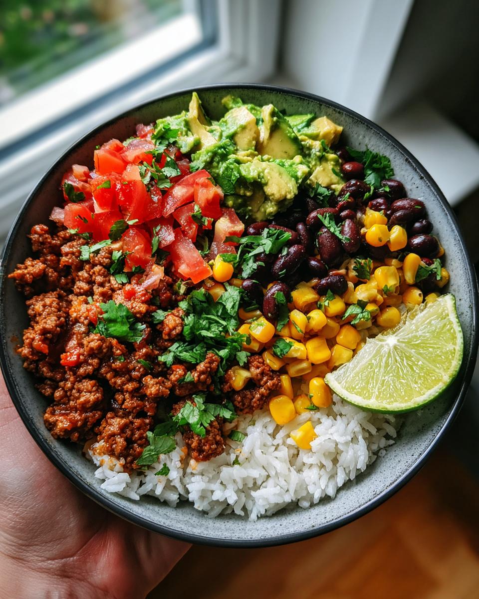 A vibrant Ground Beef Taco Bowl filled with seasoned ground beef, rice, black beans, corn, tomatoes, avocado, and a lime wedge.