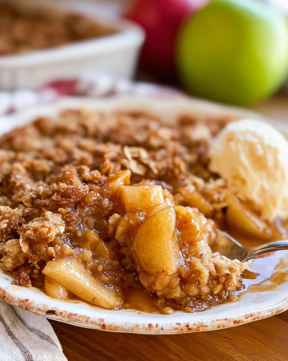 A fork lifting a bite of warm Healthy Apple Crisp topped with a scoop of vanilla ice cream.