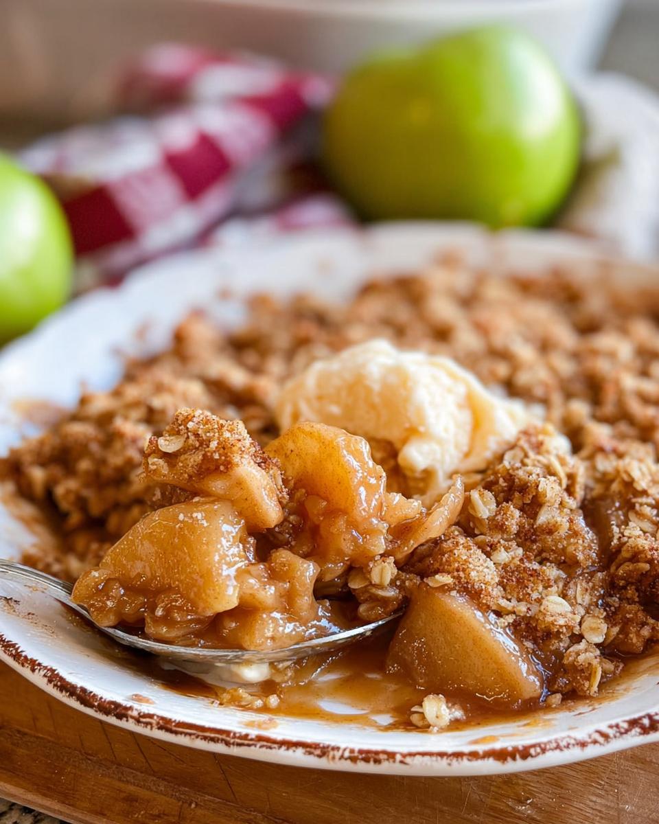 A spoonful of warm, gooey Healthy Apple Crisp with a scoop of vanilla ice cream.