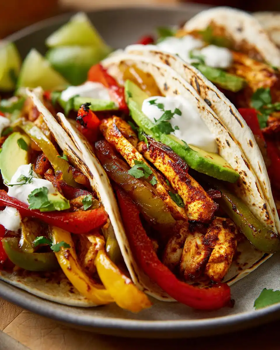 Close-up of healthy chicken fajitas filled with seasoned chicken, colorful bell peppers, avocado, and a dollop of sour cream.