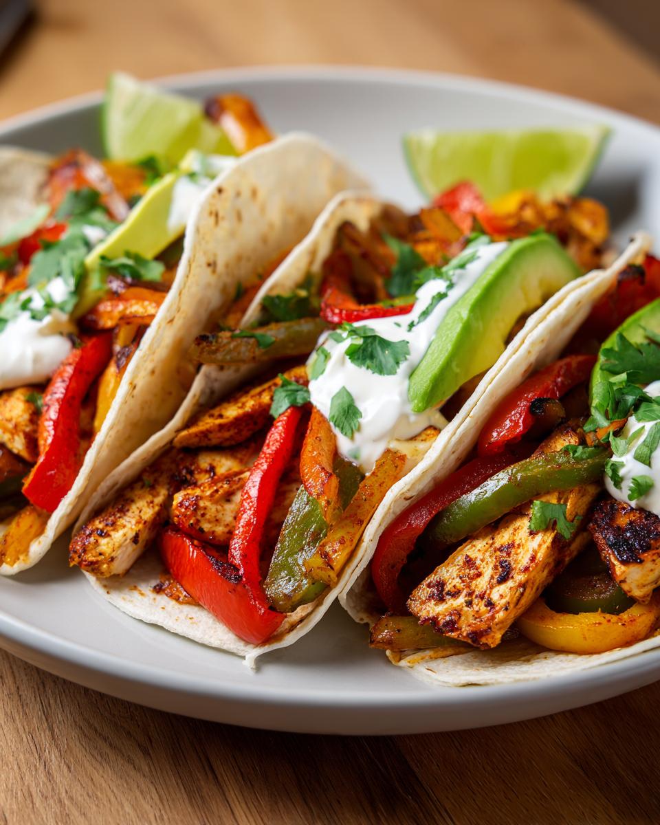 Close-up of three Healthy Chicken Fajitas filled with seasoned chicken, colorful bell peppers, avocado, and a dollop of sour cream.