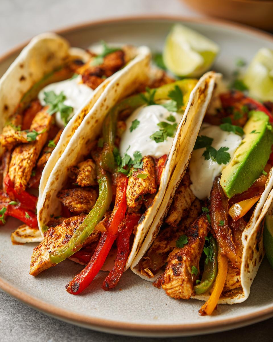 Three healthy chicken fajitas filled with seasoned chicken, bell peppers, onions, avocado, and a dollop of sour cream.