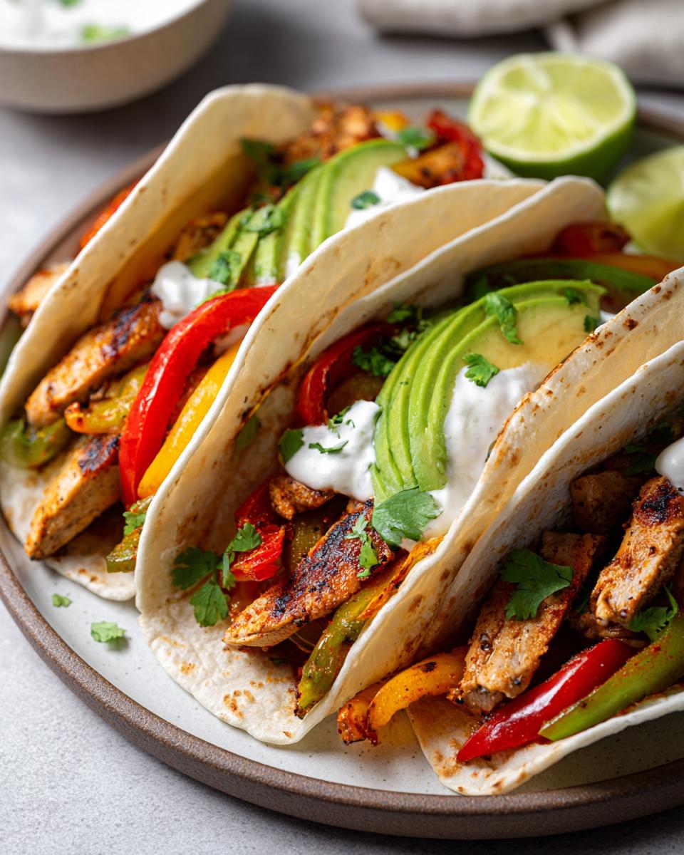 Three Healthy Chicken Fajitas filled with grilled chicken, colorful bell peppers, avocado slices, and a dollop of sour cream.