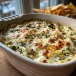 Close-up of a bubbling, cheesy Healthy Spinach Artichoke Dip in a baking dish, sprinkled with red pepper flakes.