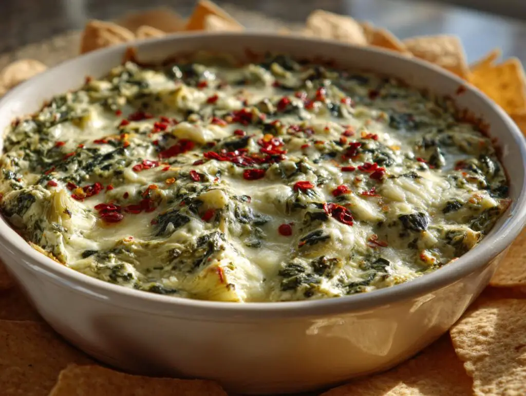 A close-up of a bubbly, cheesy Healthy Spinach Artichoke Dip topped with red pepper flakes, surrounded by tortilla chips.