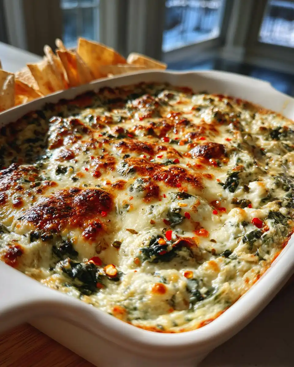 Close-up of a bubbly, cheesy Healthy Spinach Artichoke Dip with visible spinach and artichoke pieces, served with tortilla chips.