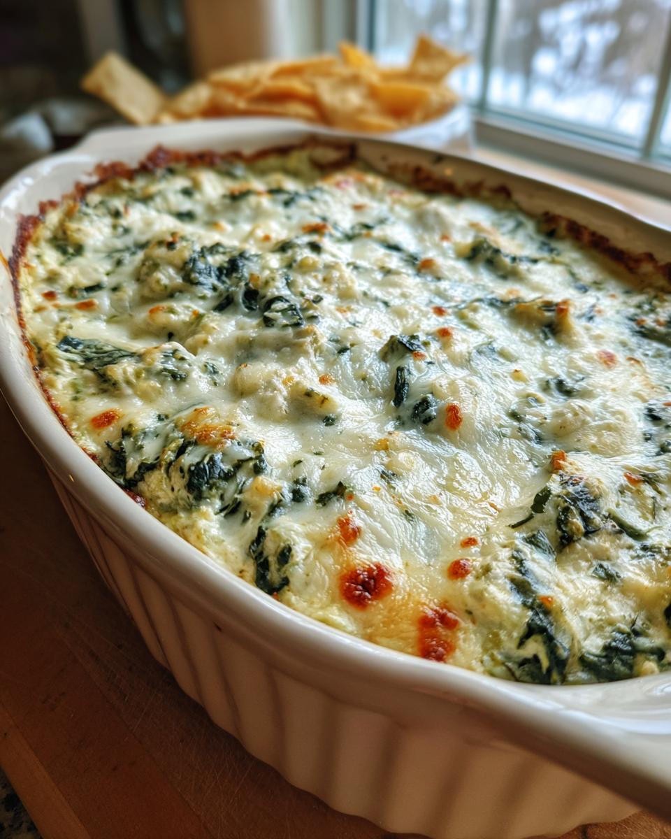 Close-up of bubbly, cheesy Healthy Spinach Artichoke Dip in a white baking dish, with chips in the background.