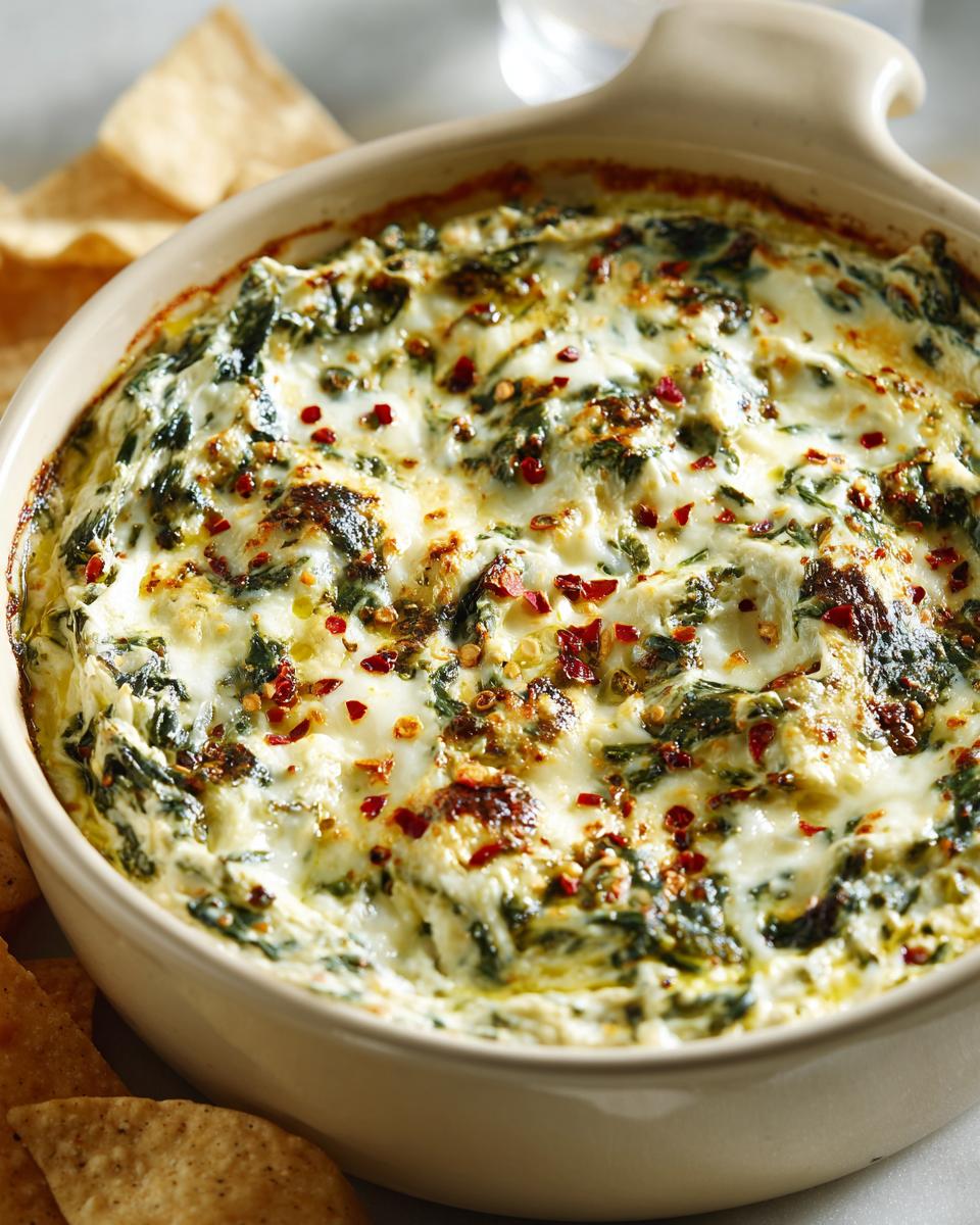 Close-up of a bubbling Healthy Spinach Artichoke Dip in a ceramic baking dish, topped with red pepper flakes and served with chips.