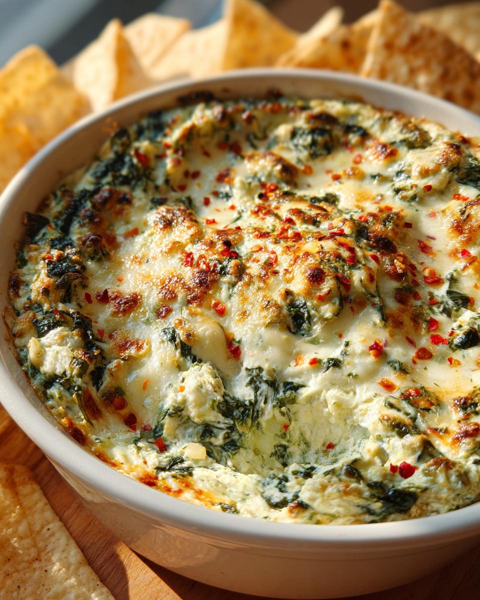 Close-up of bubbly, cheesy Healthy Spinach Artichoke Dip topped with red pepper flakes, served with tortilla chips.