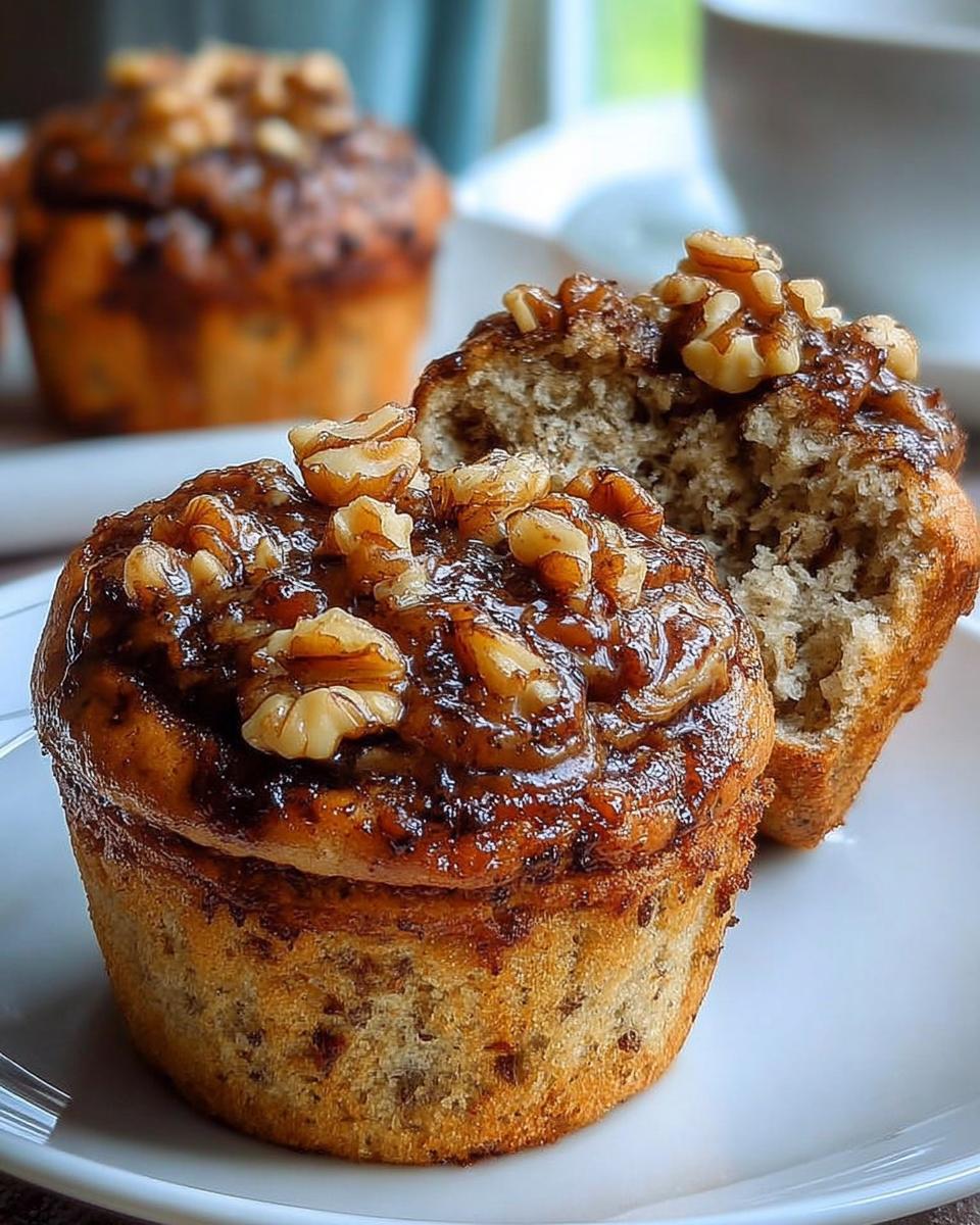 Close-up of a High Protein Banana Muffin topped with glaze and walnuts, with one muffin broken open.