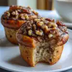A close-up of a High Protein Banana Muffin with a bite taken out, topped with glazed walnuts.